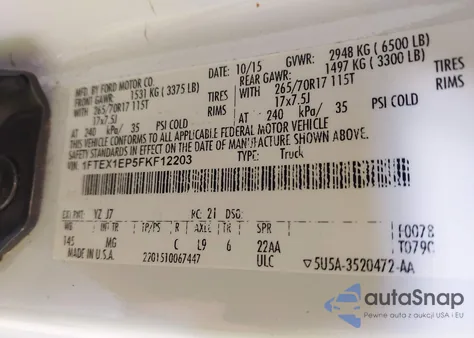 2015 Ford F-150 Xlt z USA, uszkodzony, nr VIN 1FTEX1EP5FKF12203